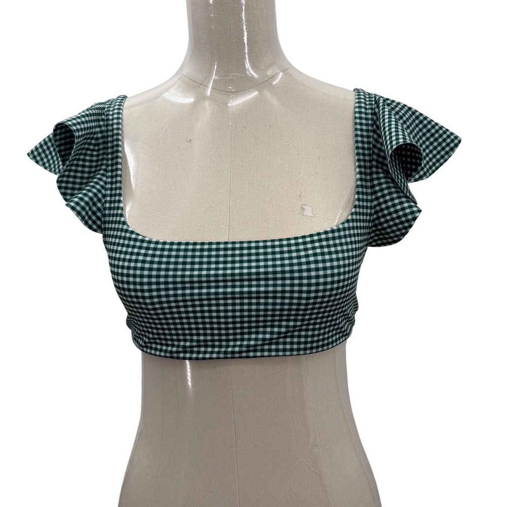 Hill House Home Swim Top Women S Green Gingham Good Ruffle Sleeve Square Neck